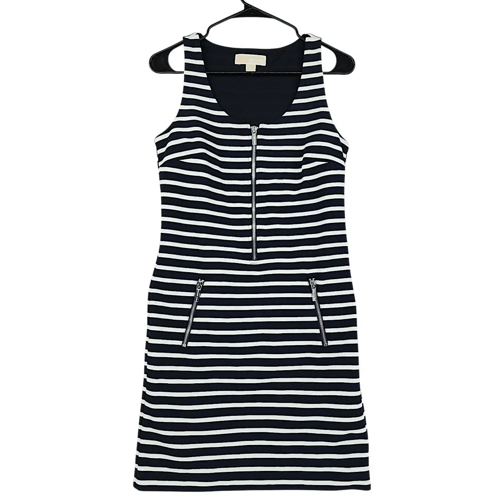 Michael Kors Striped Dress S Nautical Navy Blue White Zip Front Hamptons Preppy